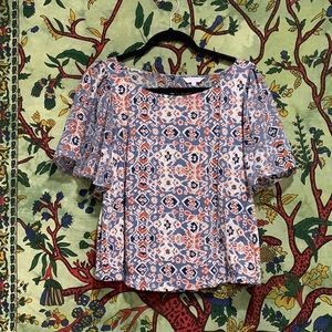 Lucky Brand Blue Mosaic Chiffon Cutout Back Flutter Sleeve Blouse, size M